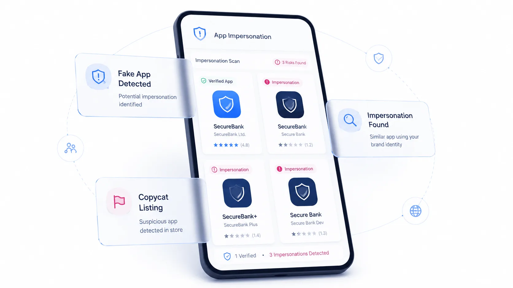 App impersonation detection showing copycat listings on a mobile device